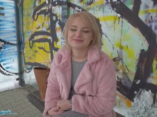Public Agent amatuer teen with short blonde hair chatted up at busstop and taken to basement to get fucked by big penis